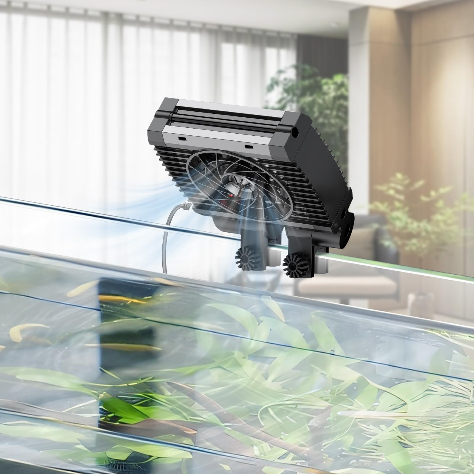 Pawfly aquarium chiller fan mounted on tank showing stable installation