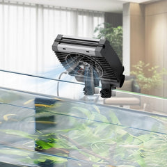 Pawfly aquarium chiller fan mounted on tank showing stable installation