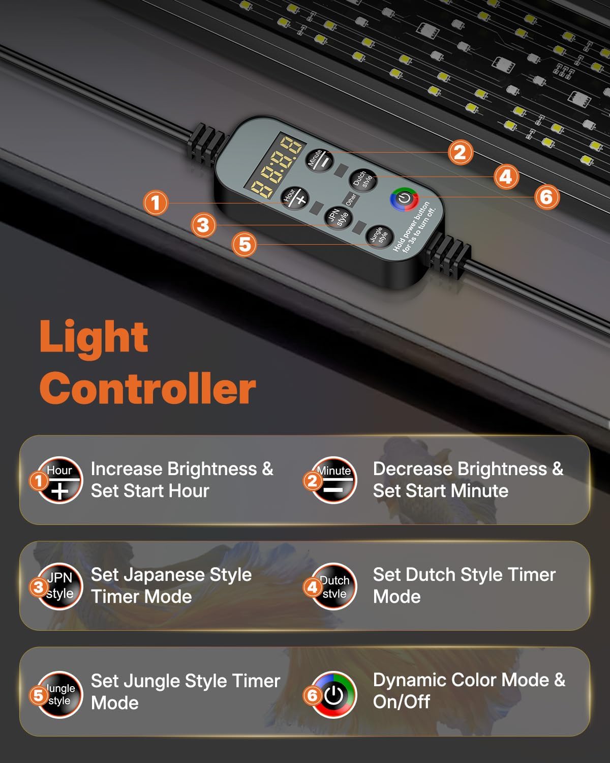 Pawfly timer modes simulate day-night cycles for aquatic life