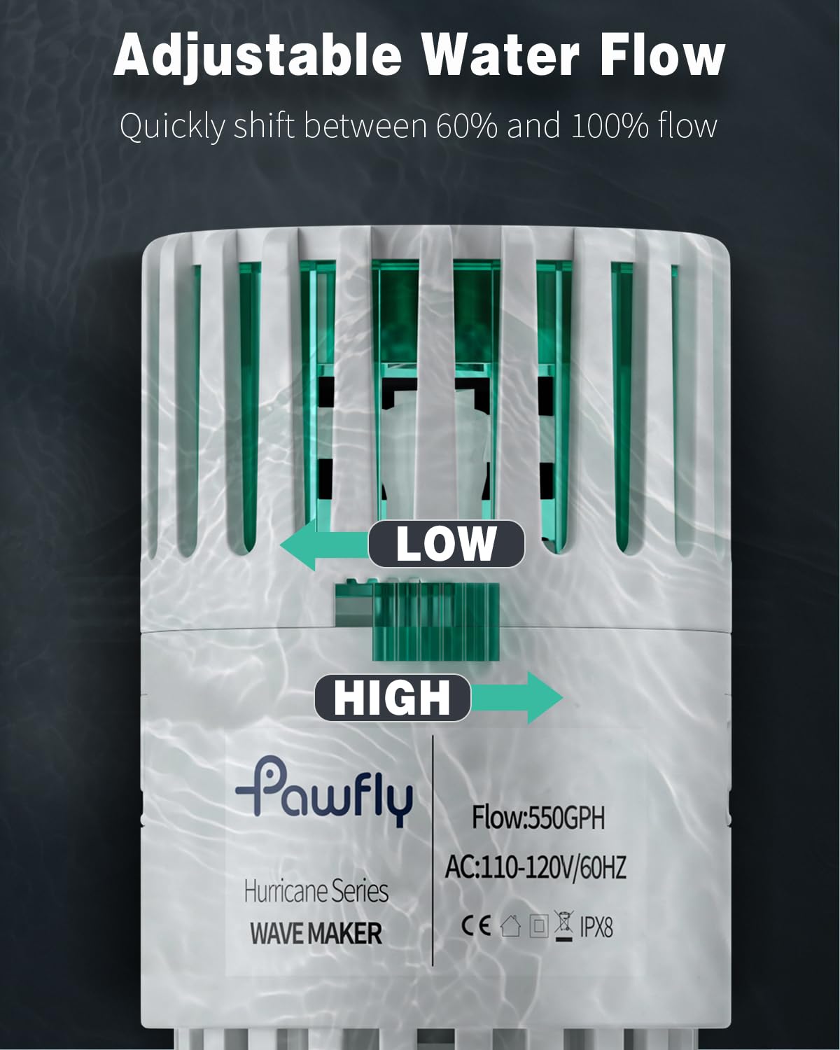 Pawfly aquarium powerhead showing 360-degree rotation full-tank circulation.