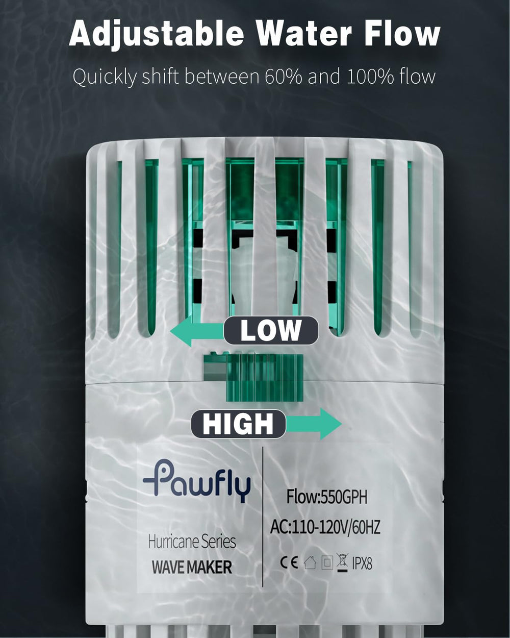 Pawfly aquarium powerhead showing 360-degree rotation full-tank circulation.