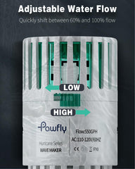 Pawfly aquarium powerhead showing 360-degree rotation full-tank circulation.