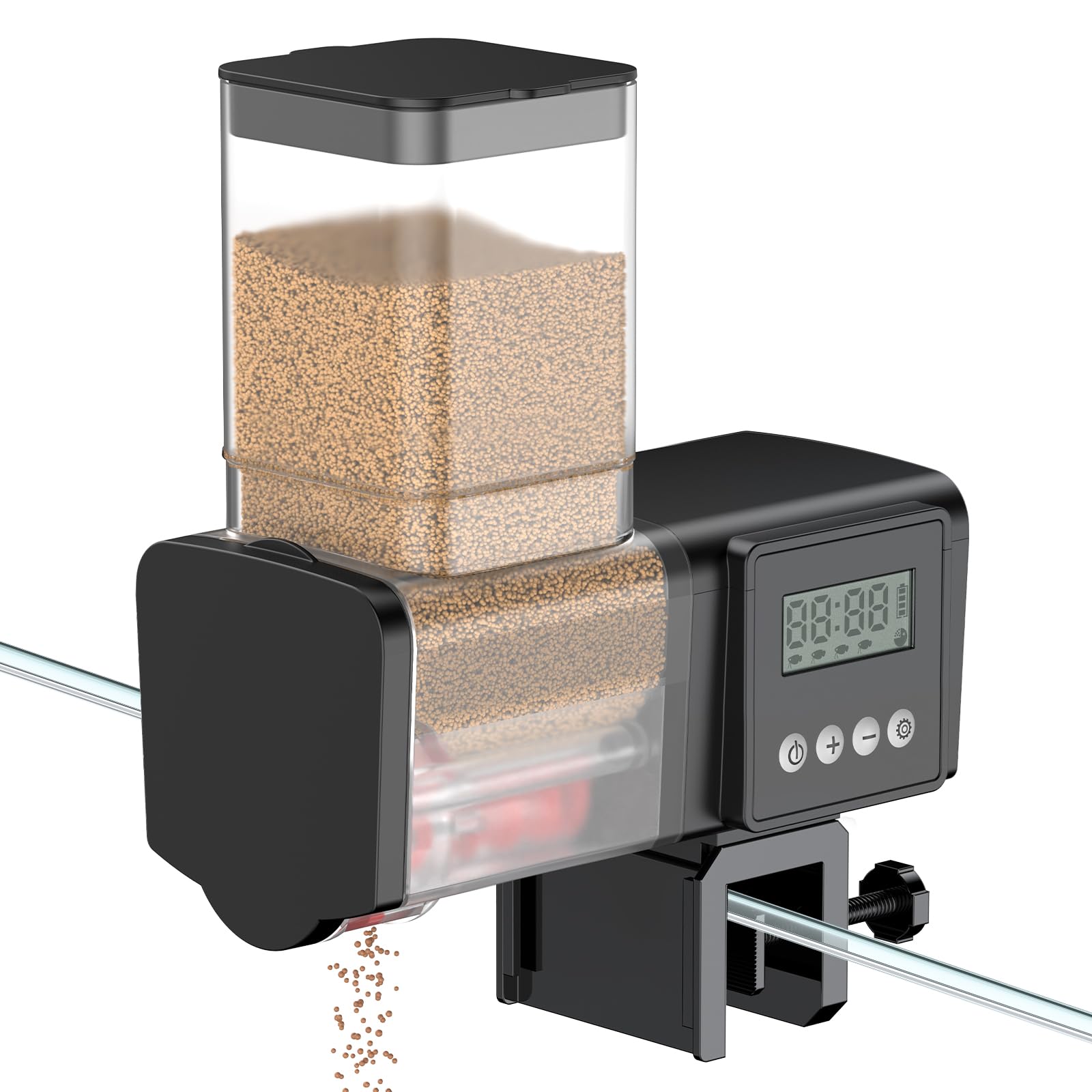 Pawfly automatic fish feeder mounted on tank delivers reliable, scheduled feeding.
