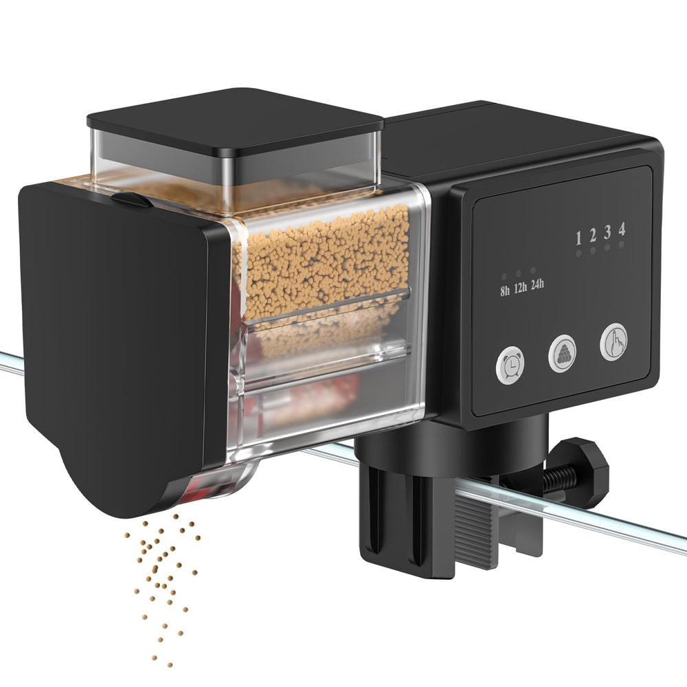 Pawfly automatic fish feeder front view with timer for reliable feeding.