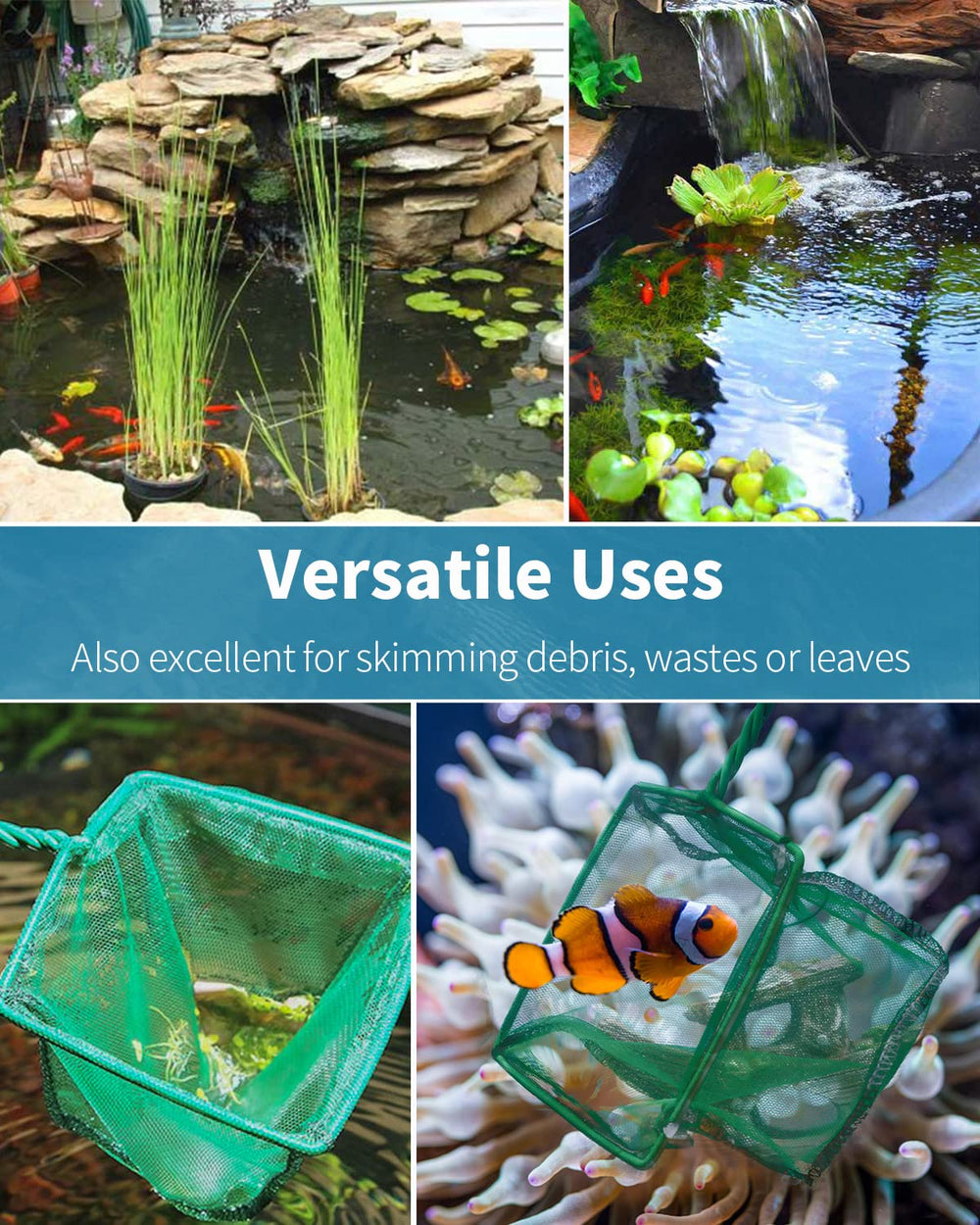 Pawfly fish-transfer net doubles as a pond or pool maintenance tool.