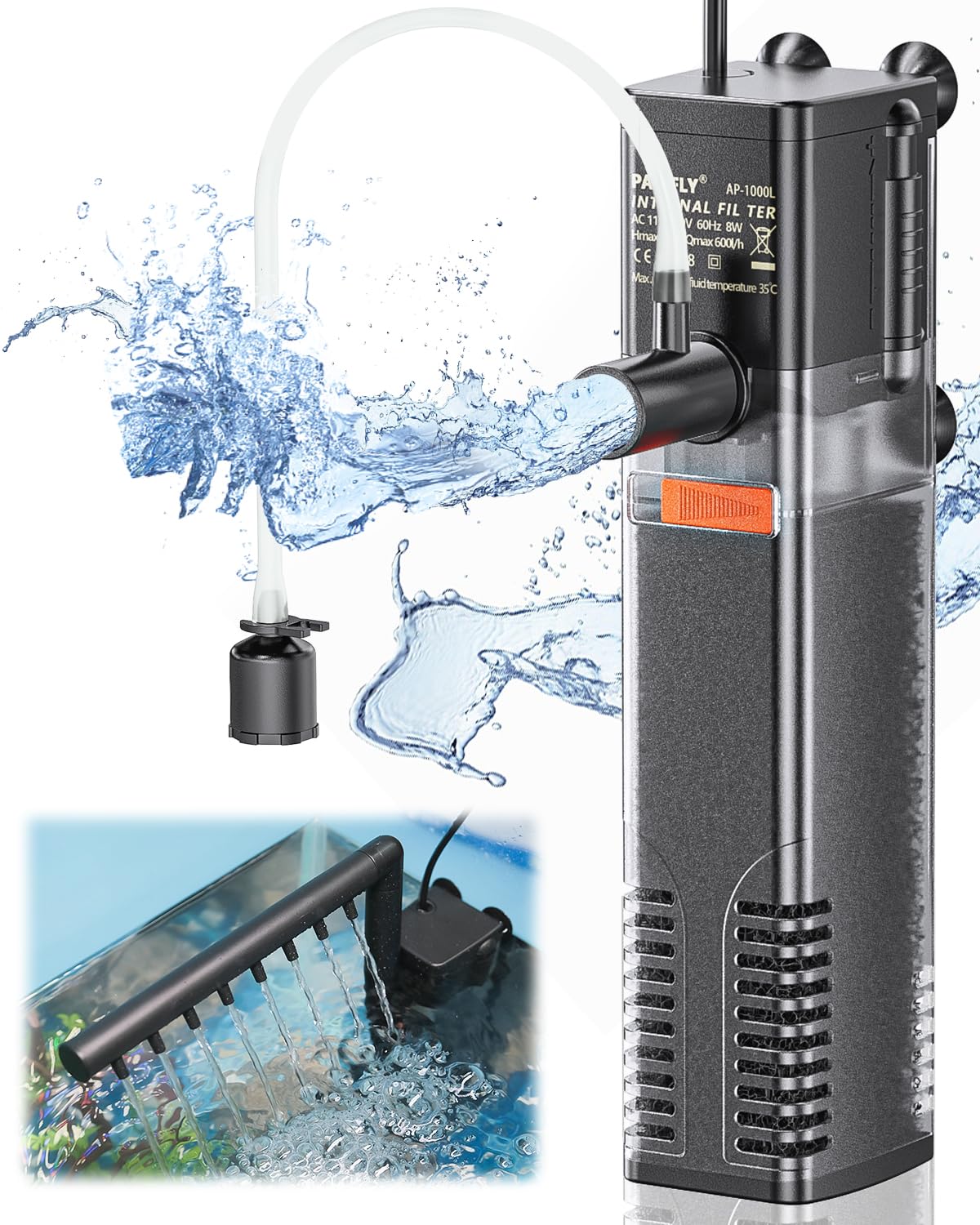 Pawfly internal aquarium filter with 160GPH pump keeps water clear and oxygenated