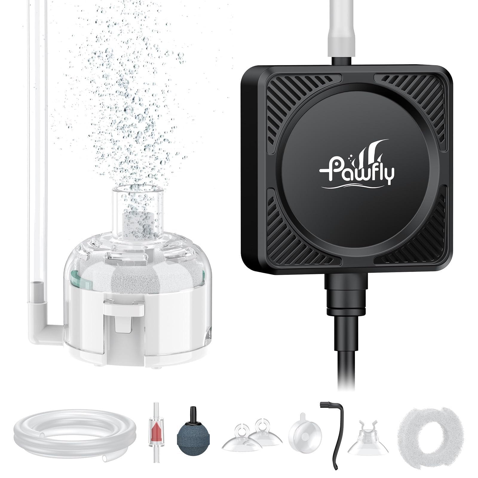 Pawfly mini aquarium air pump mounted on tank edge delivering steady aeration