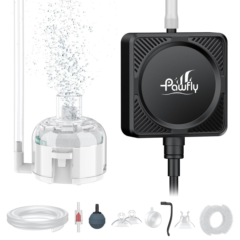 Pawfly mini aquarium air pump mounted on tank edge delivering steady aeration
