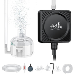 Pawfly mini aquarium air pump mounted on tank edge delivering steady aeration