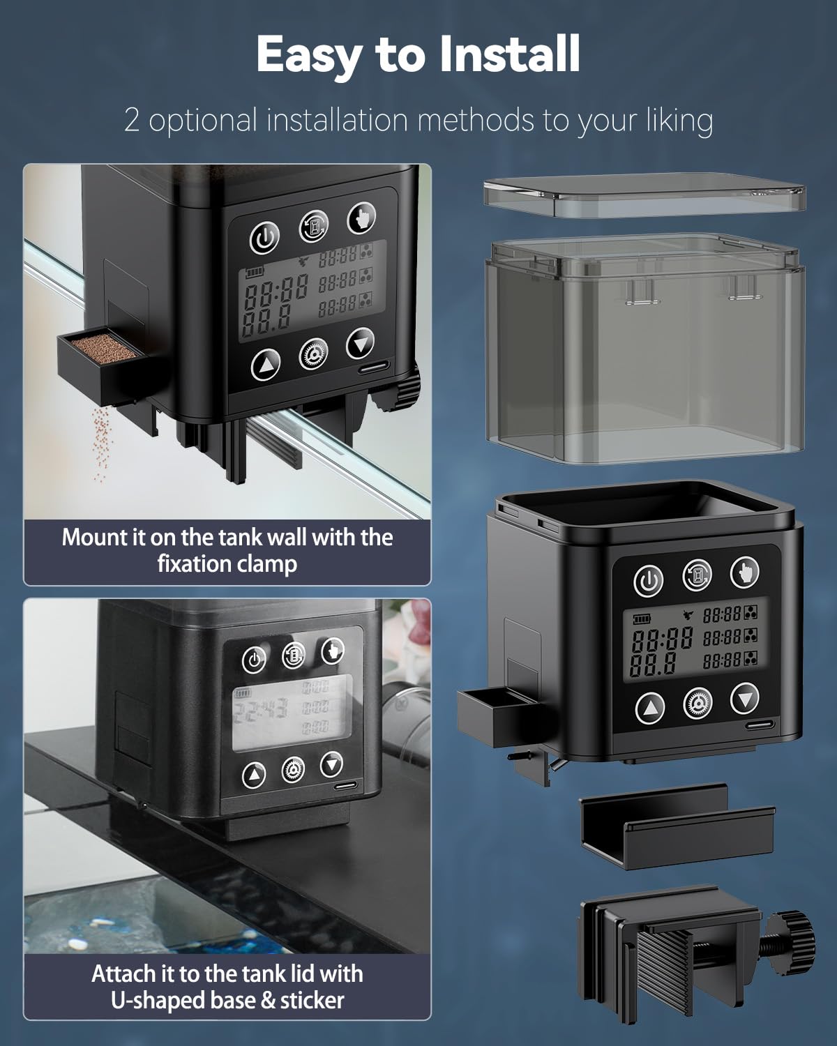 Pawfly two installation methods for flexible aquarium mounting.