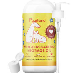 PAWFOND fish oil bottle pour for pets showing coat shine and shedding reduction