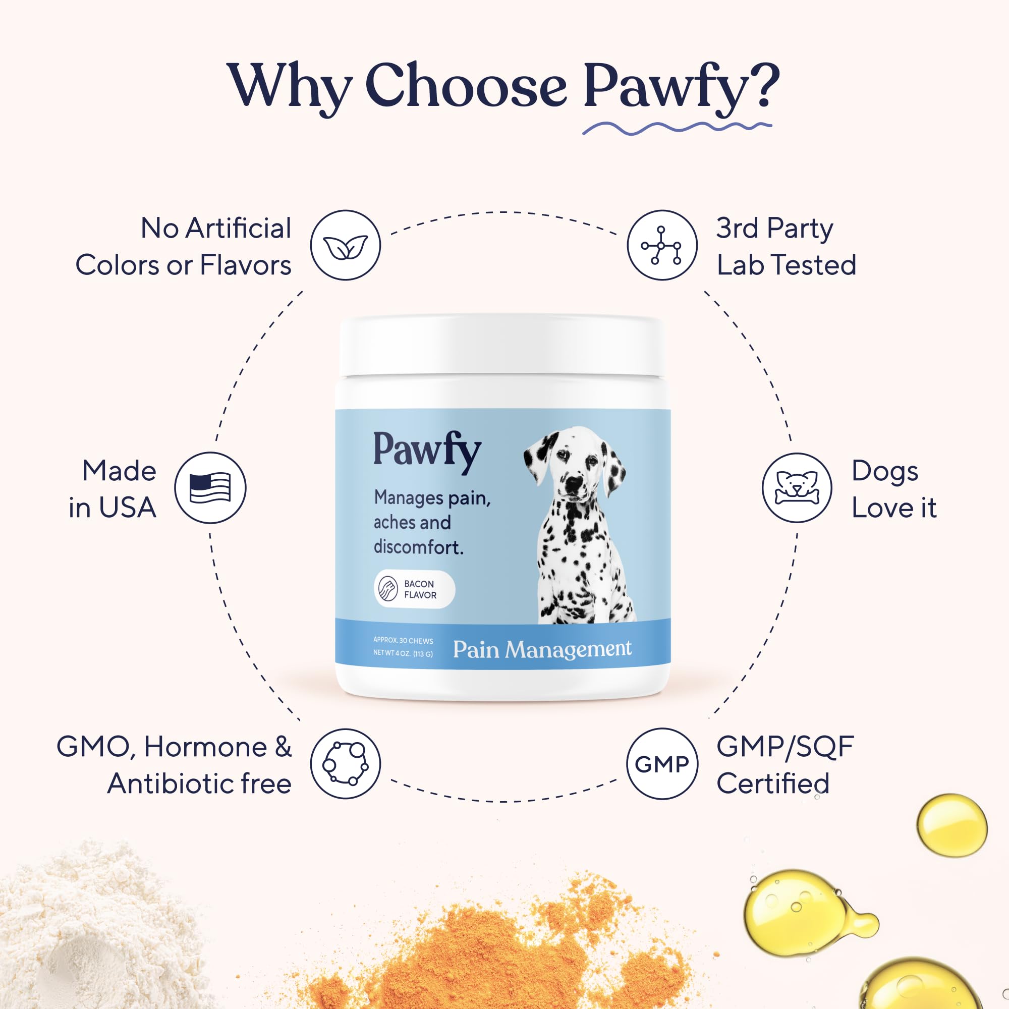 Pawfy Advanced Pain Management bottle with dog conveys dependable joint stability for pets.