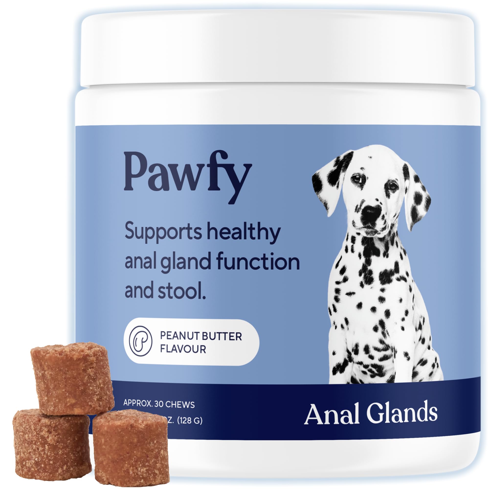 Pawfy anal gland chews in peanut butter packaging, supporting digestive comfort.