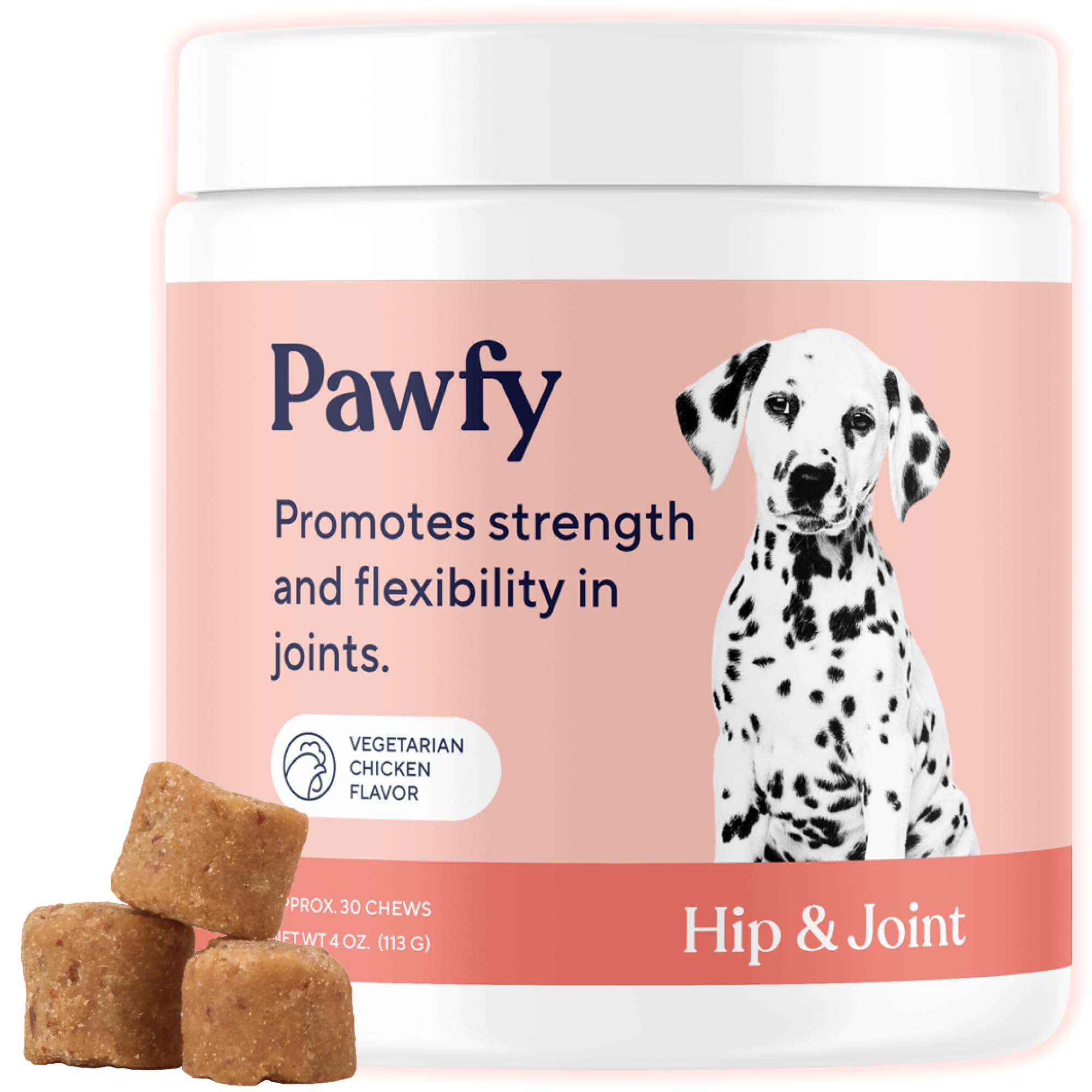 Pawfy hip and joint dog supplement bottle ready for daily use, showcasing mobility support.