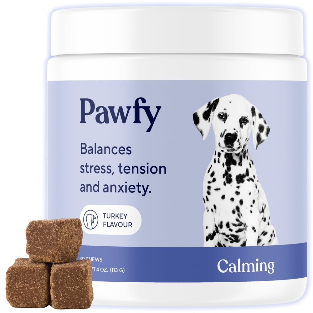Pawfy Calming Chews bottle-pour: easy serving to support calm during fireworks.