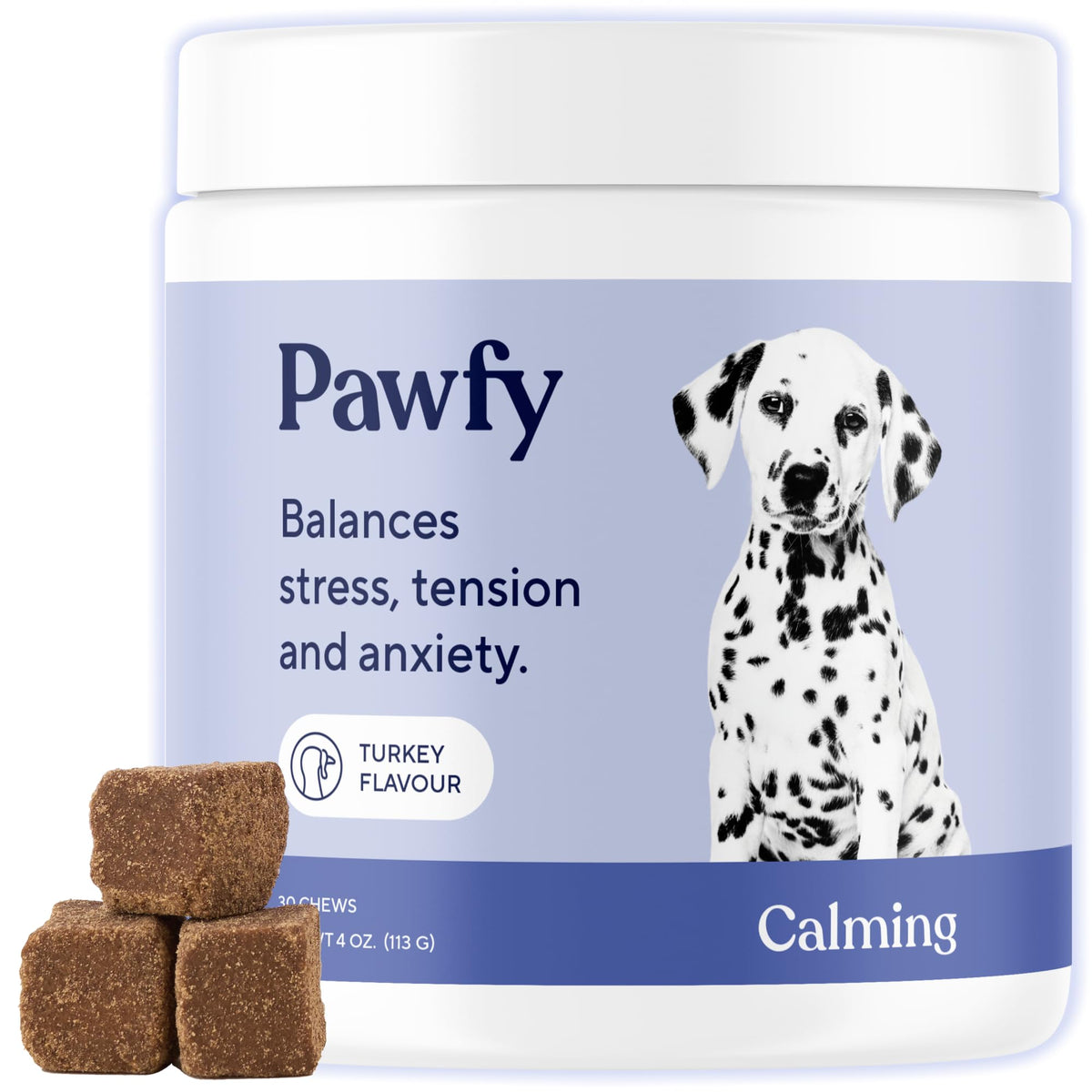 Pawfy Calming Chews bottle-pour: easy serving to support calm during fireworks.