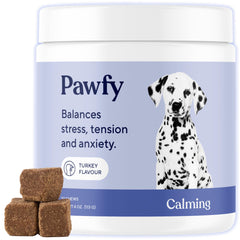 Pawfy Calming Chews bottle-pour: easy serving to support calm during fireworks.