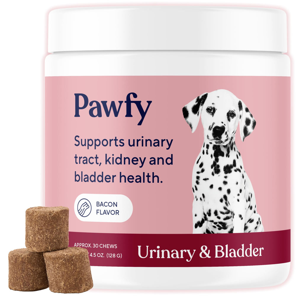 Pawfy Dog UTI supplement bottle front highlights cranberry blend for urinary health.