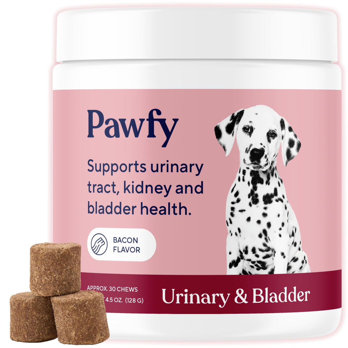 Pawfy Dog UTI supplement bottle front highlights cranberry blend for urinary health.