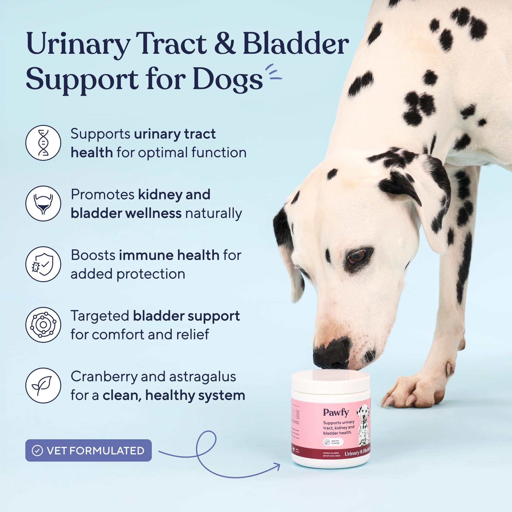 Pawfy UTI chews close-up emphasizes tasty texture and support for bladder wellness.