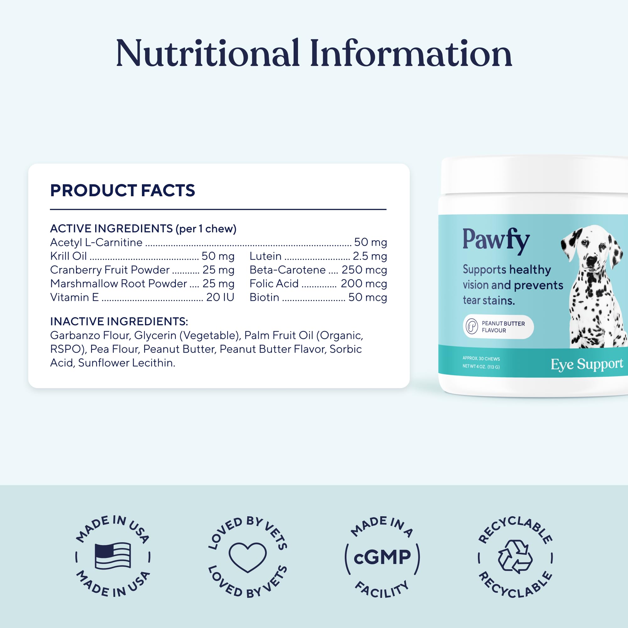 Pawfy Eye Support Soft Chews bottle—USA-made quality and care.