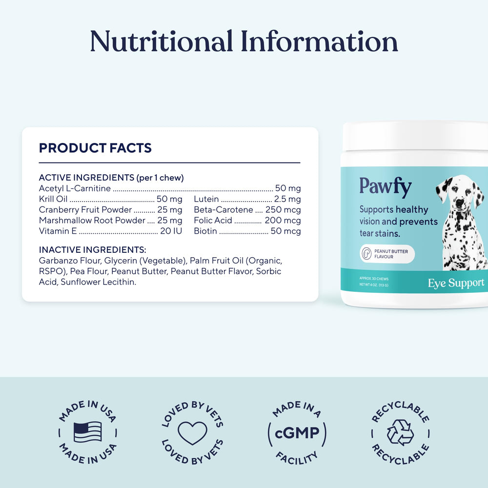 Pawfy Eye Support Soft Chews bottle—USA-made quality and care.