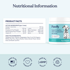 Pawfy Eye Support Soft Chews bottle—USA-made quality and care.