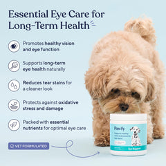 Pawfy Eye Support Soft Chews dog enjoying daily treat during routine for eye health.