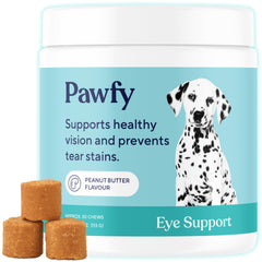 Pawfy Eye Support Soft Chews jar close-up—peanut butter treats for eye health.