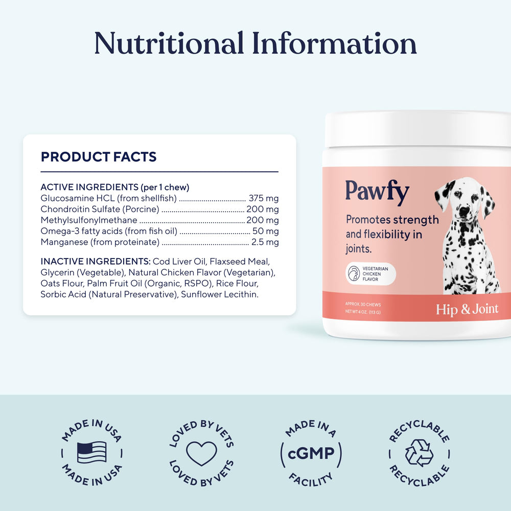 Pawfy glucosamine chondroitin dog supplement chews for flexible movement.