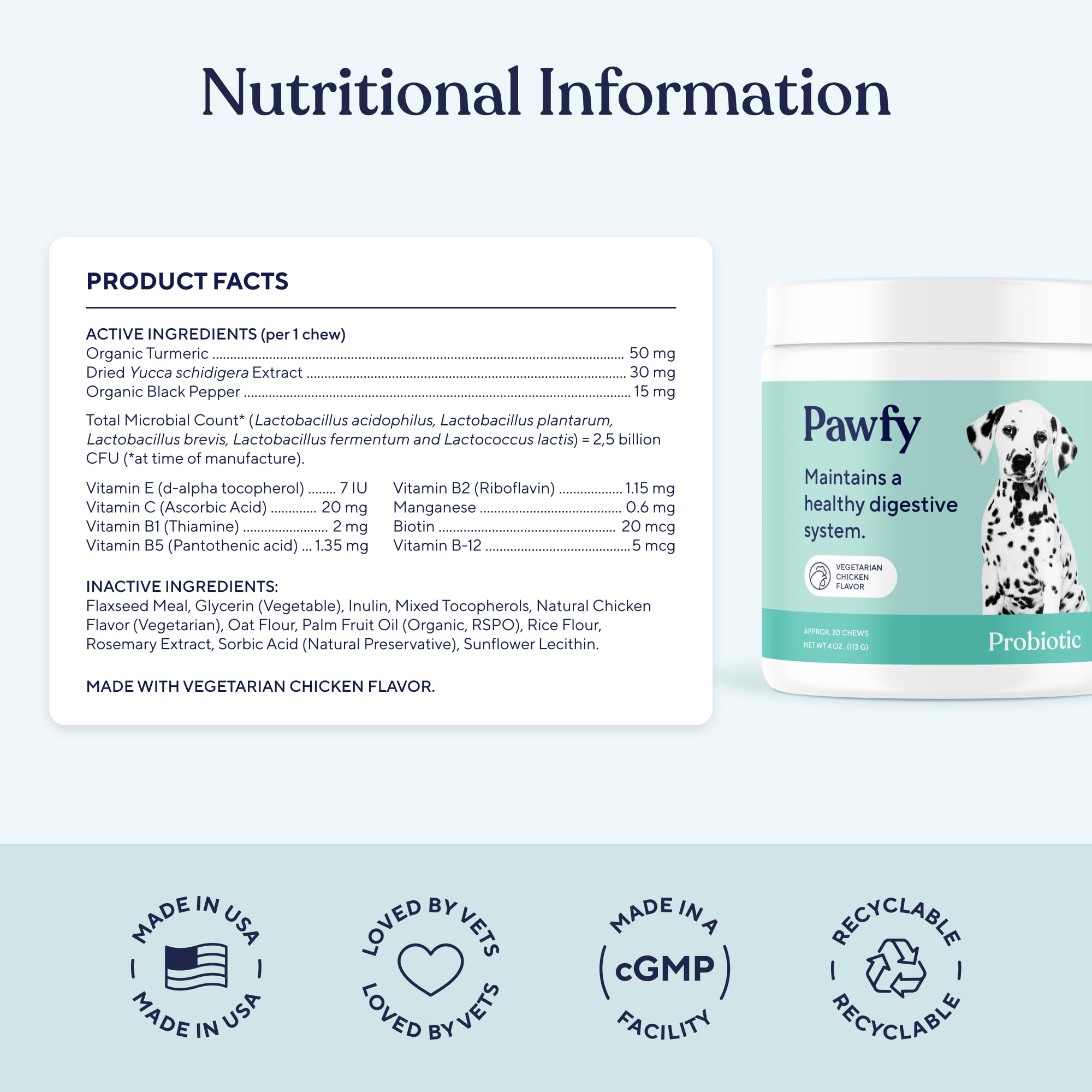 Pawfy Probiotics for Dogs bottle-label communicates gut and skin support