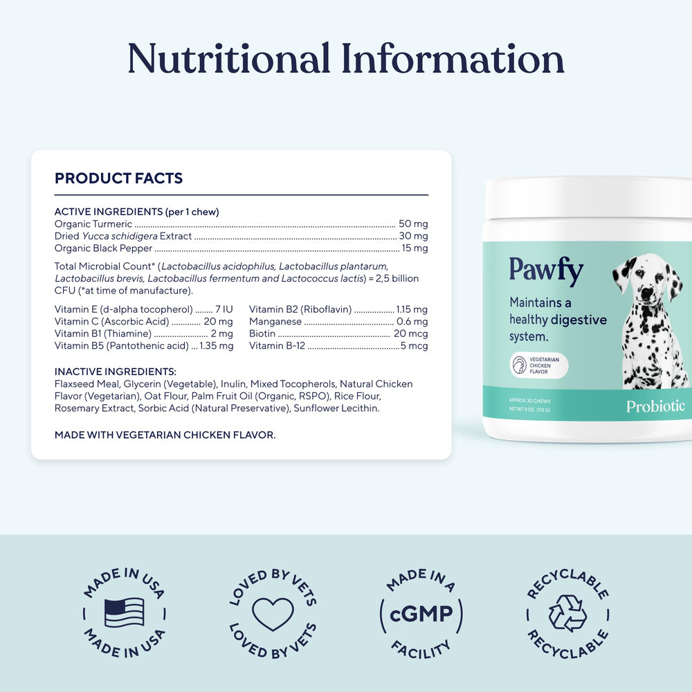 Pawfy Probiotics for Dogs bottle-label communicates gut and skin support