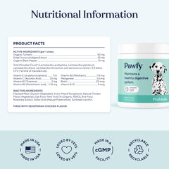 Pawfy Probiotics for Dogs bottle-label communicates gut and skin support