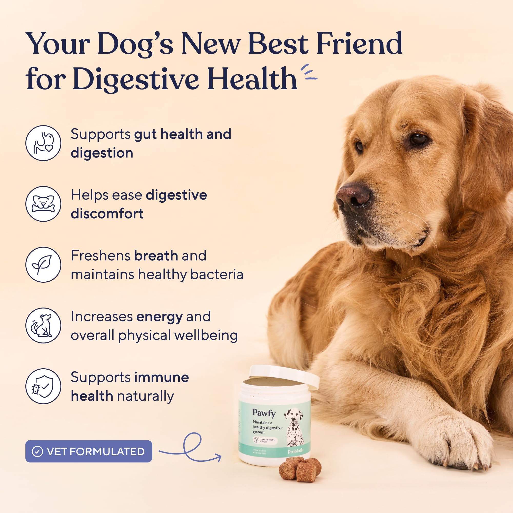 Pawfy Probiotics for Dogs chews on hand highlight easy daily supplementation