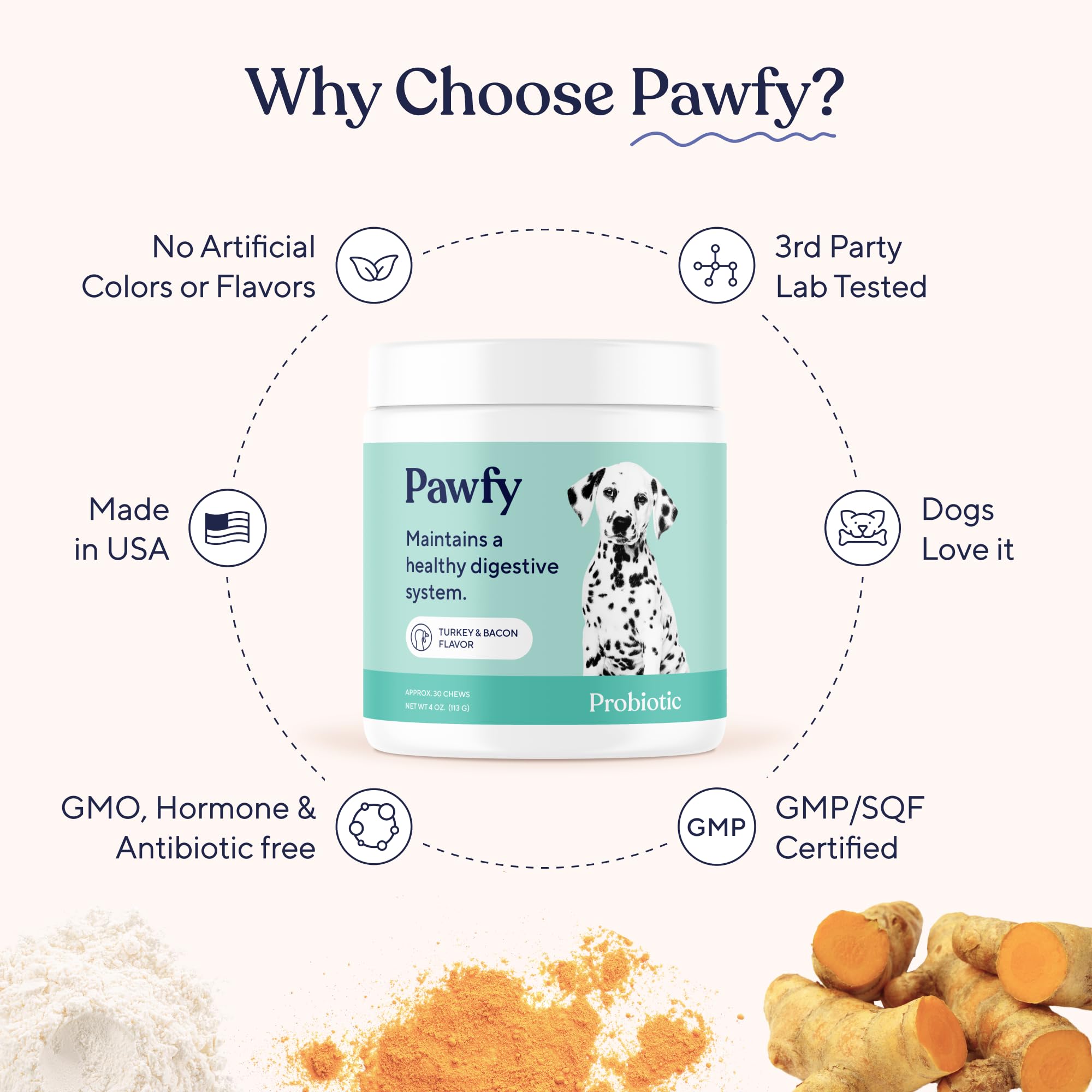 Pawfy Probiotics bottle and chews packaging for easy storage