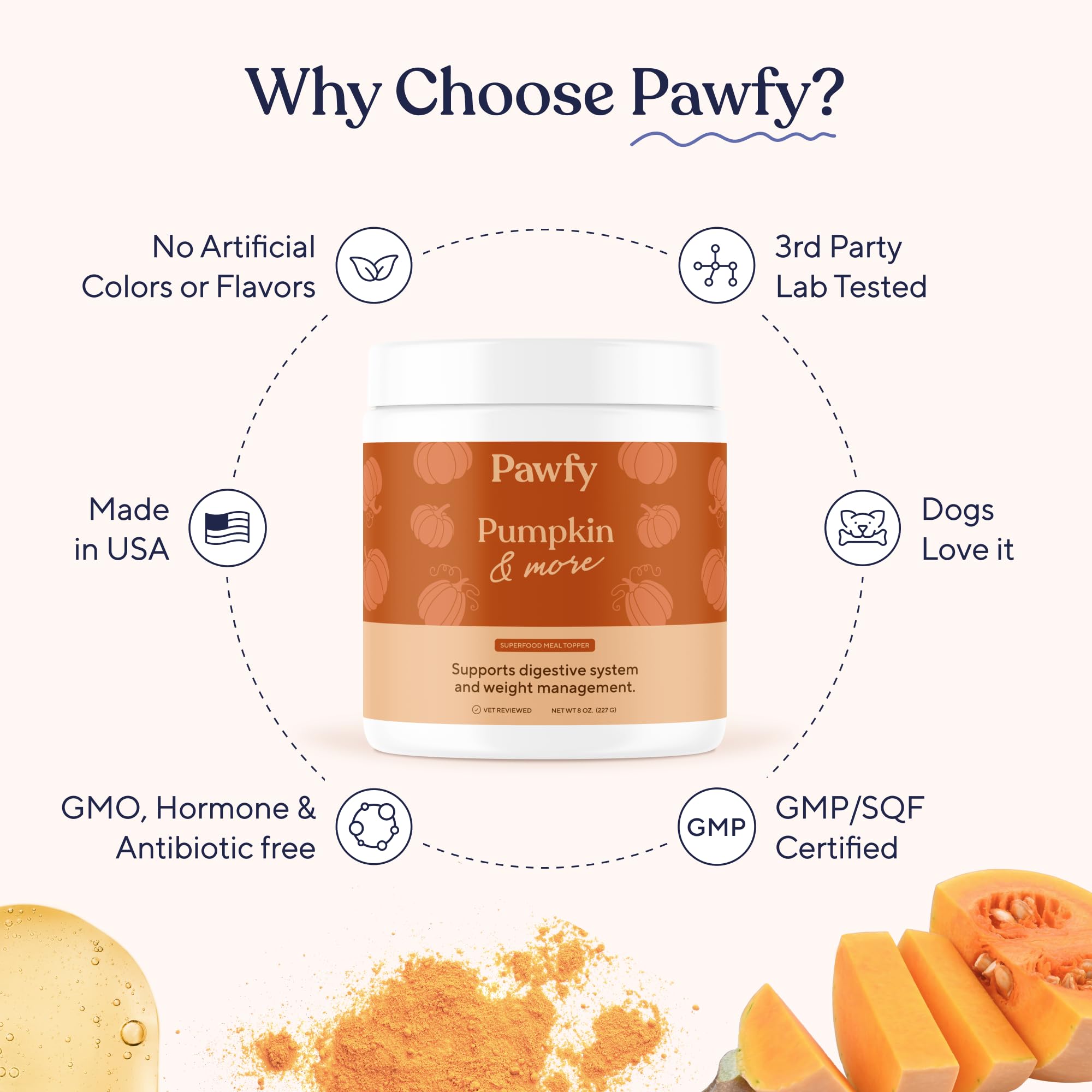 Pawfy Pumpkin Powder in bowl promotes vitality through balanced digestion.