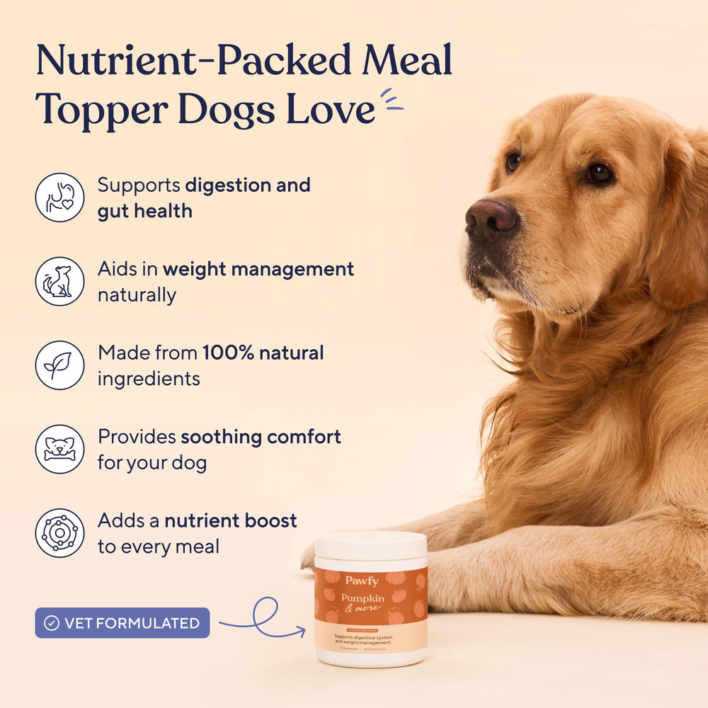 Pawfy Pumpkin Powder being poured into dog food for fiber-rich support.