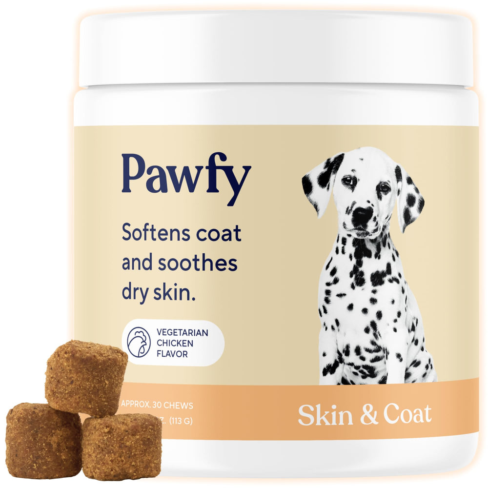 Pawfy Skin & Coat Salmon Oil chews pack promotes shinier coat and healthy skin.