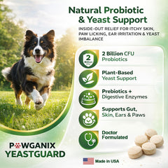 Pawganix YeastGuard bottle with label emphasizes USA-made, doctor-formulated wellness.