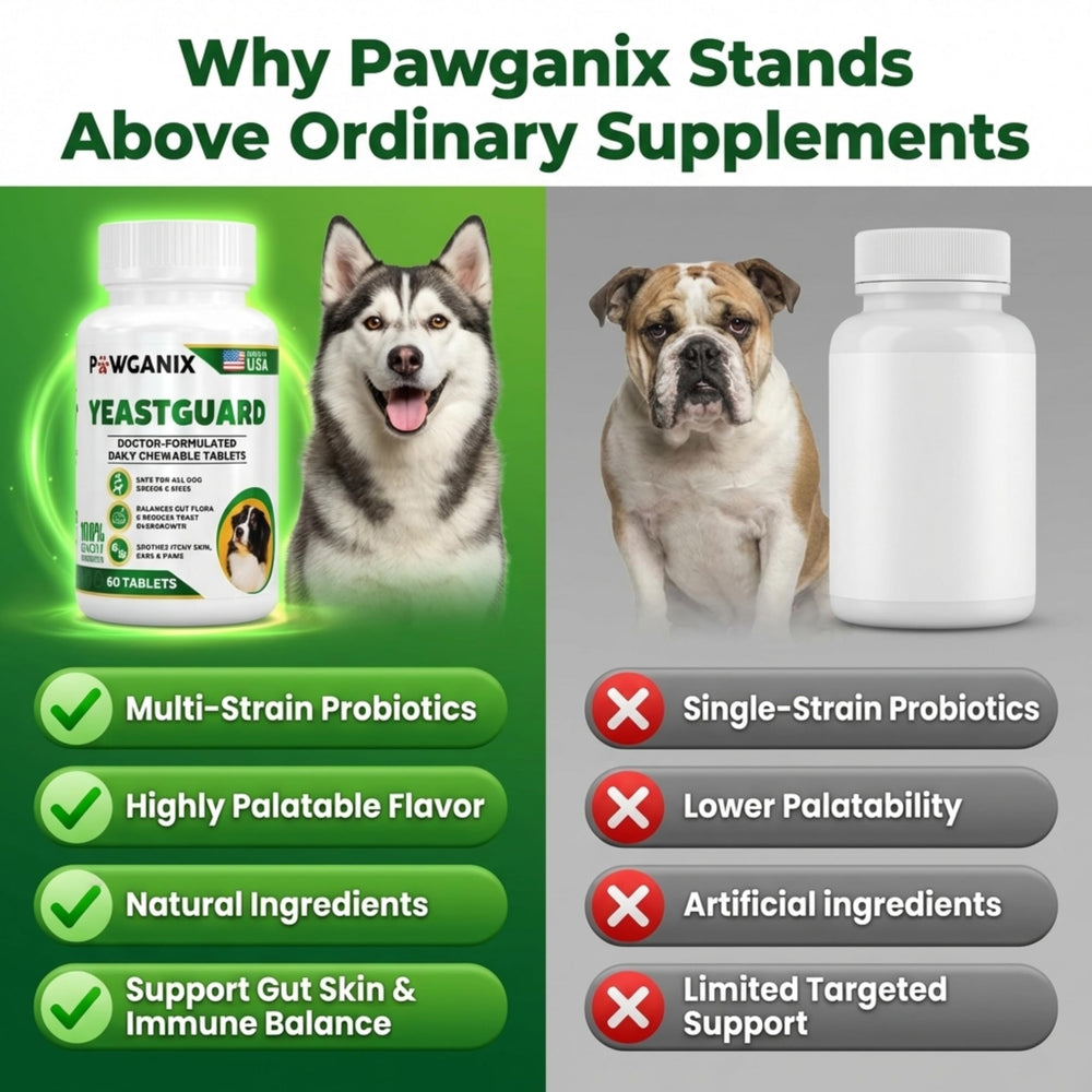 Pawganix YeastGuard dog eating chews, supporting gut health and skin comfort.