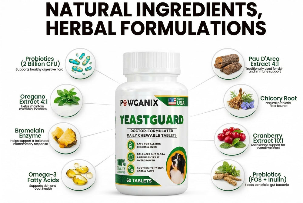 Pawganix YeastGuard ingredients caprylic acid highlight natural balance.