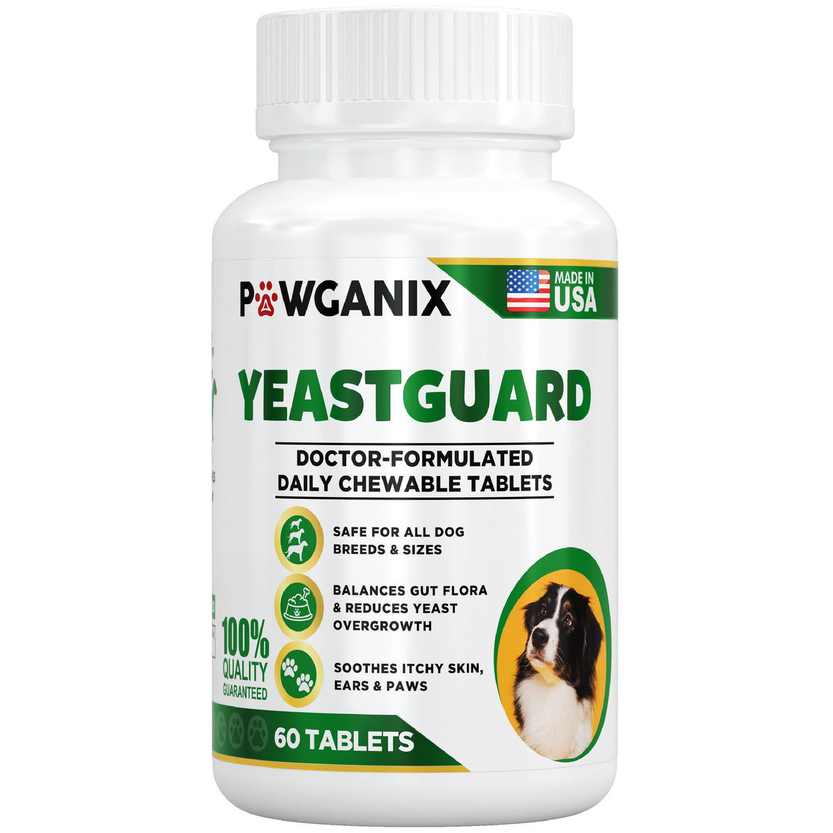 Pawganix YeastGuard packaging label indicating vet-approved yeast relief for dogs.