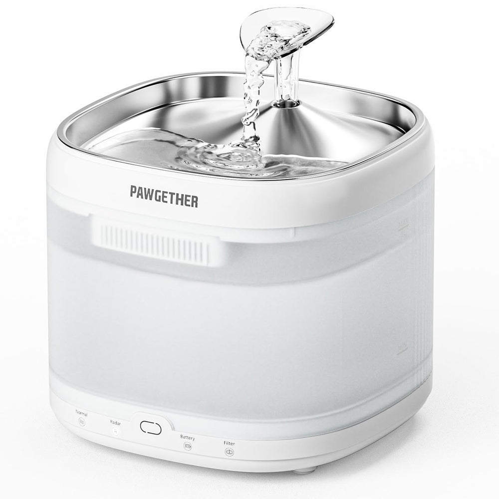 PAWGETHER cat water fountain with stainless steel tray for clean hydration