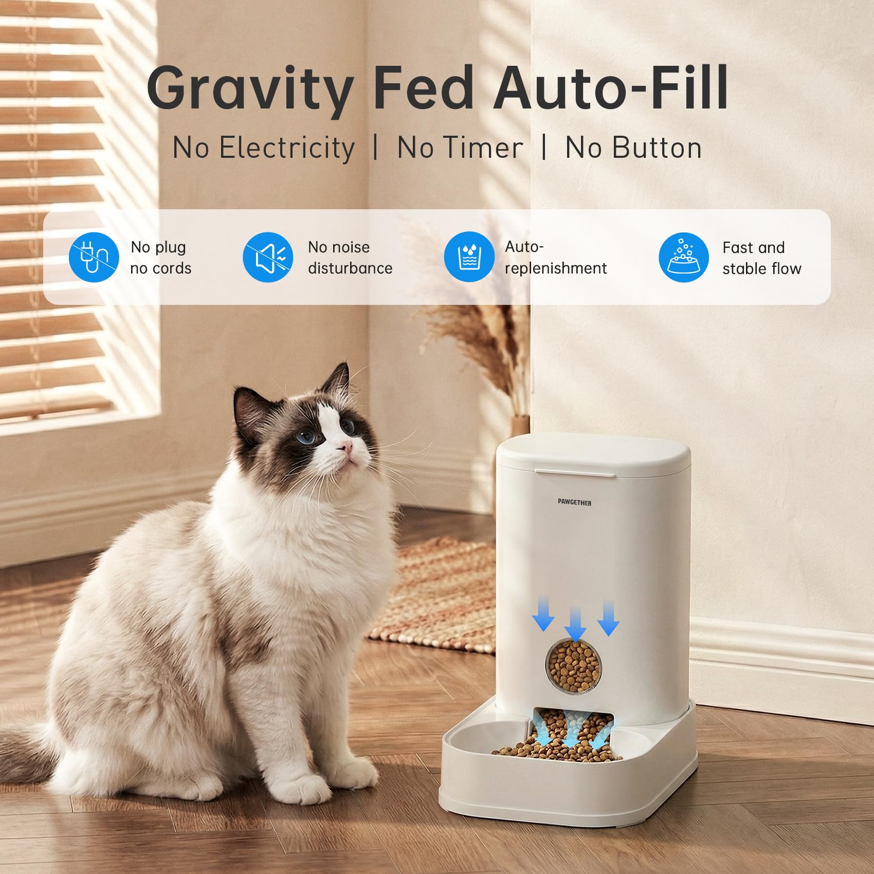 PAWGETHER Gravity Feeder lid open for easy refills and setup.