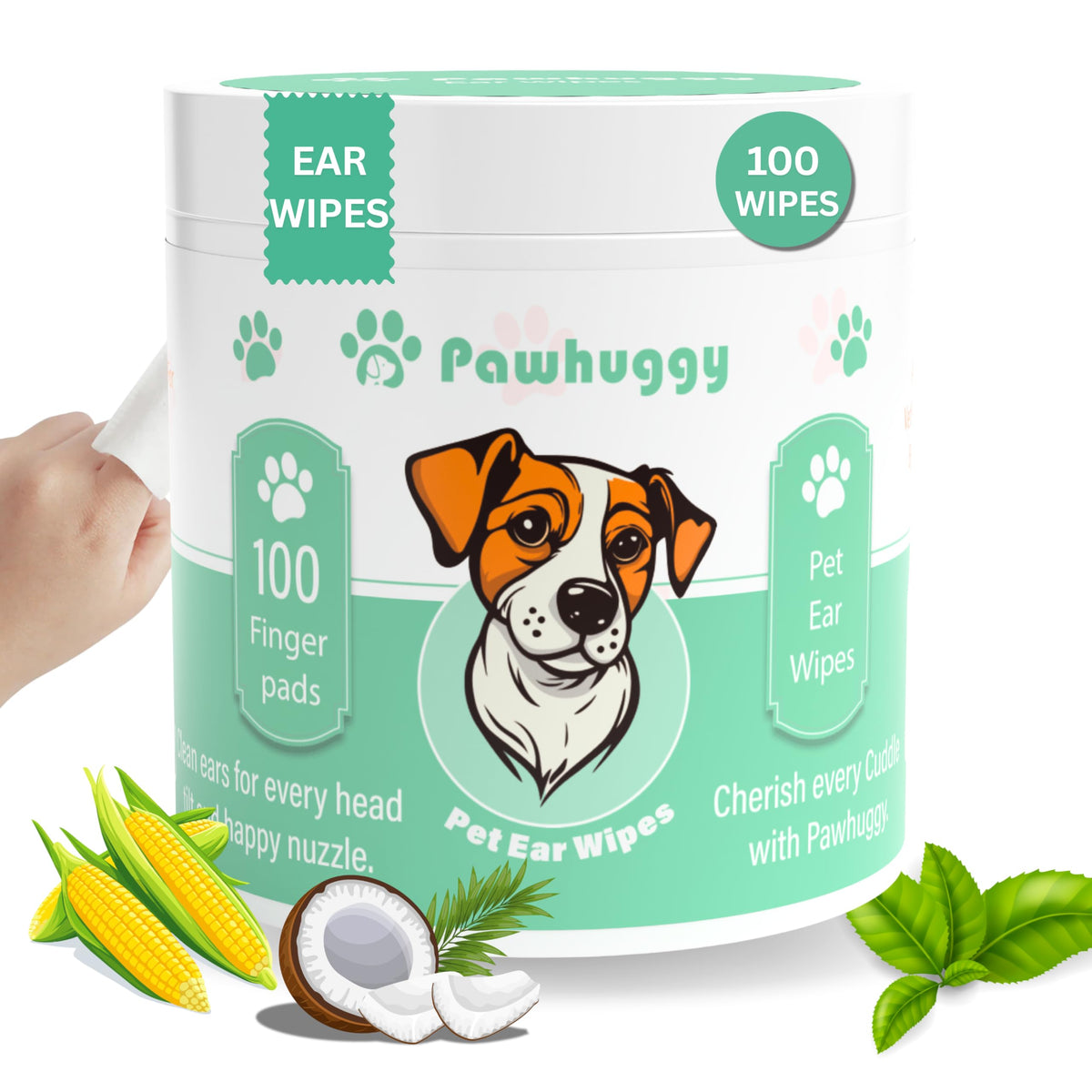 Pawhuggy dog ear wipes 100-count pack for gentle at-home ear care.