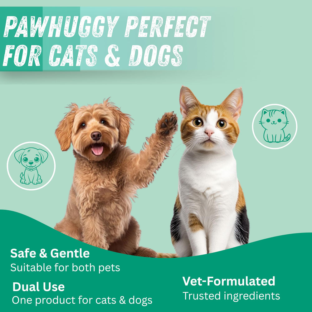 Pawhuggy ear wipes application demonstrates easy grooming for dogs and cats.
