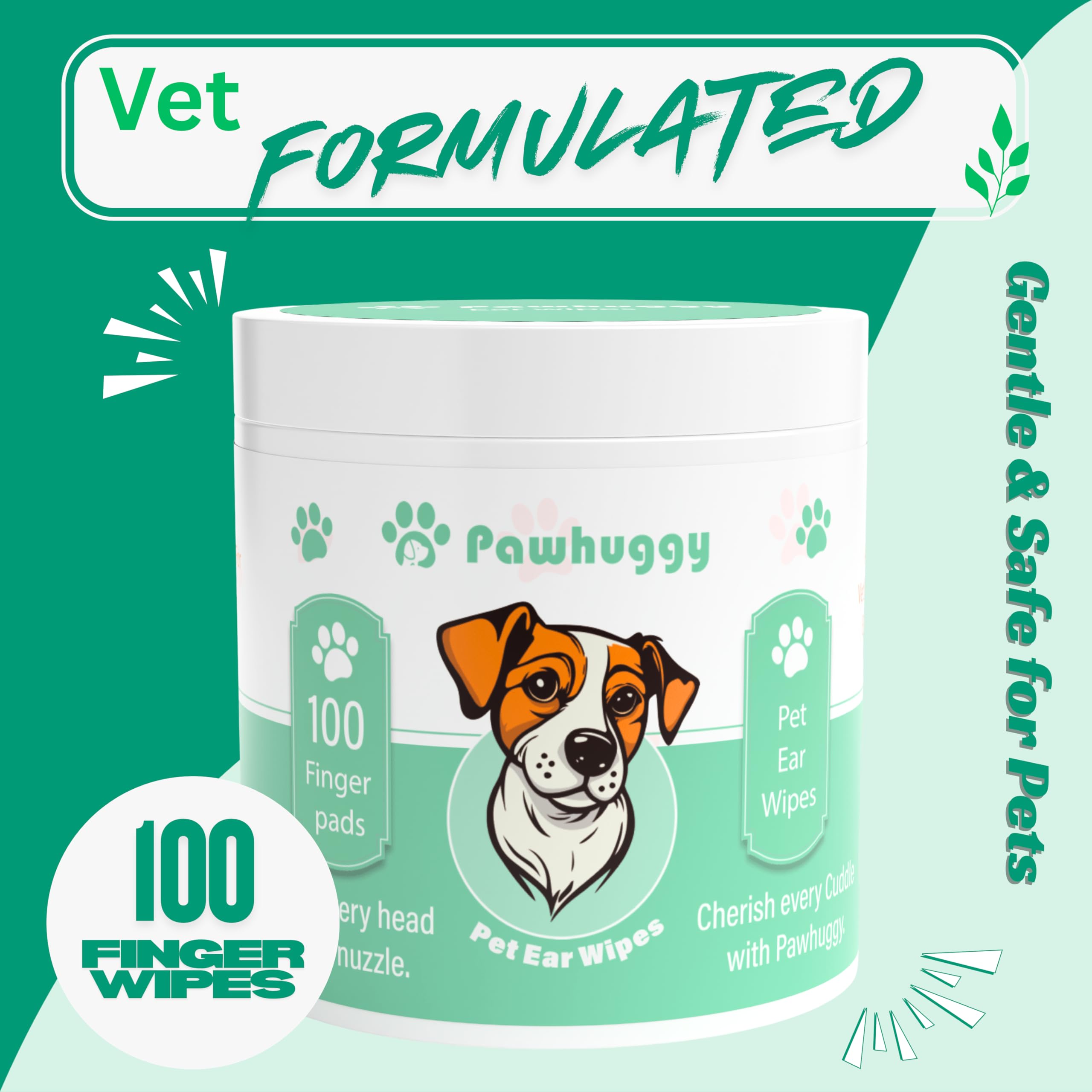 Pawhuggy ear wipes close-up shows gentle cleaning action for wax and odor.