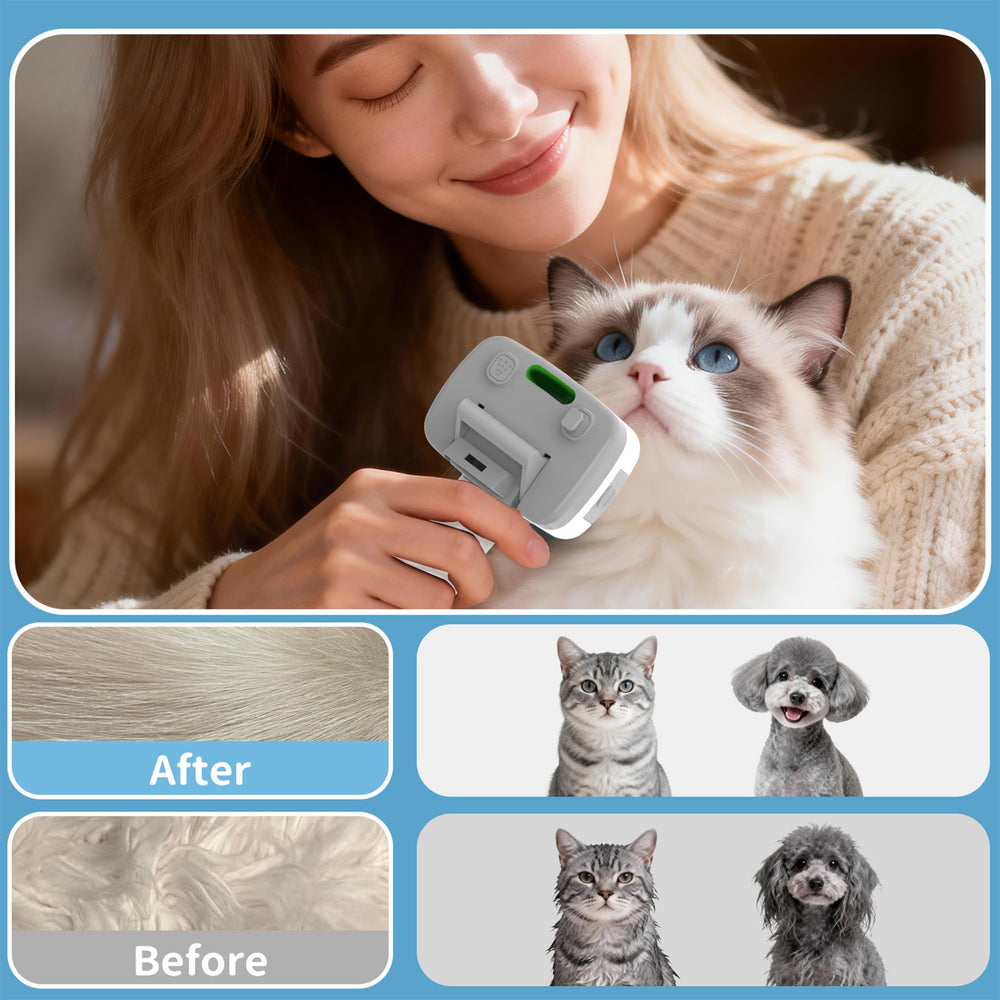 Before and after grooming scene with Pawimood highlights visible coat improvement.