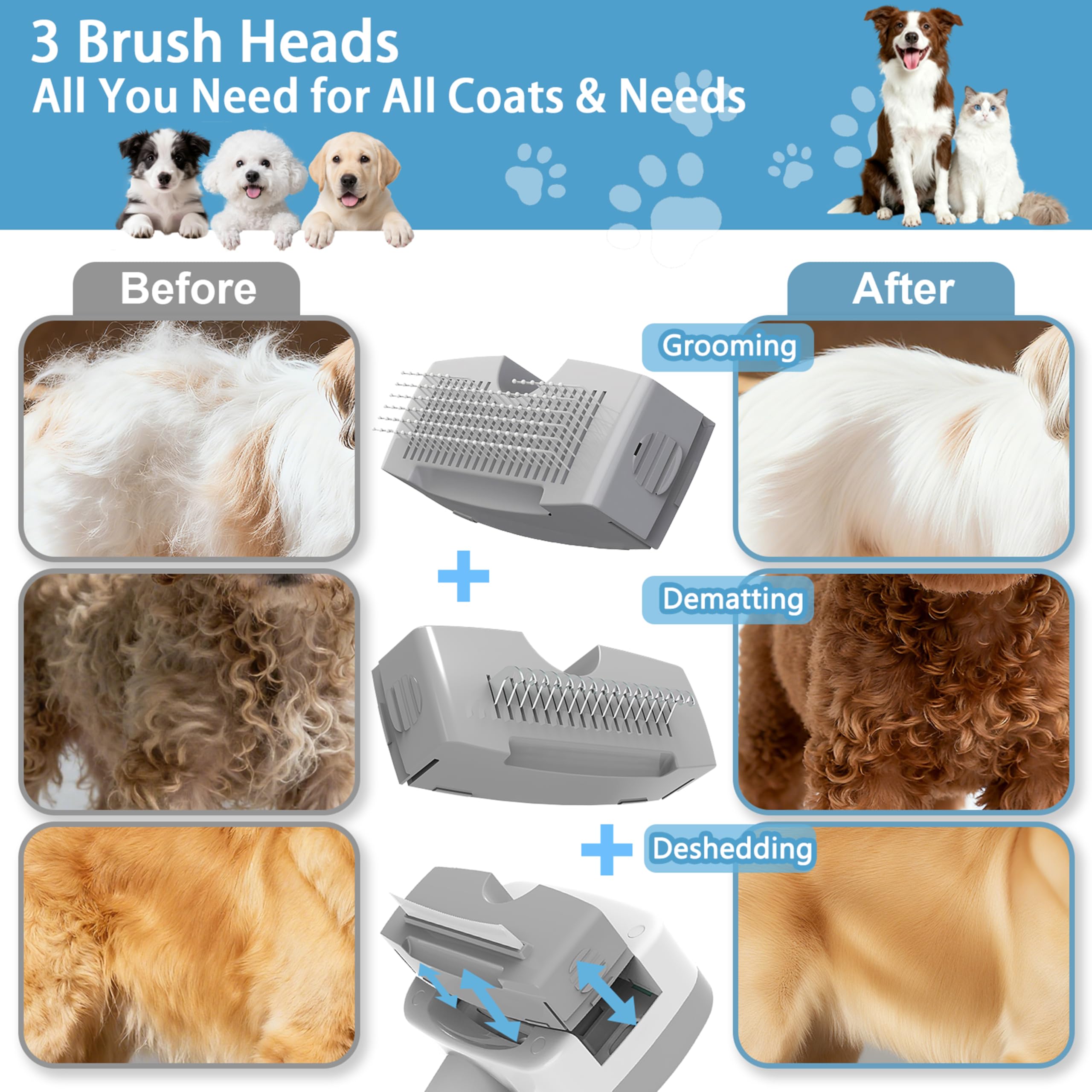 Pawimood steam brush heads 3-in-1 showing deshedding, dematting, grooming options.