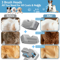 Pawimood steam brush heads 3-in-1 showing deshedding, dematting, grooming options.